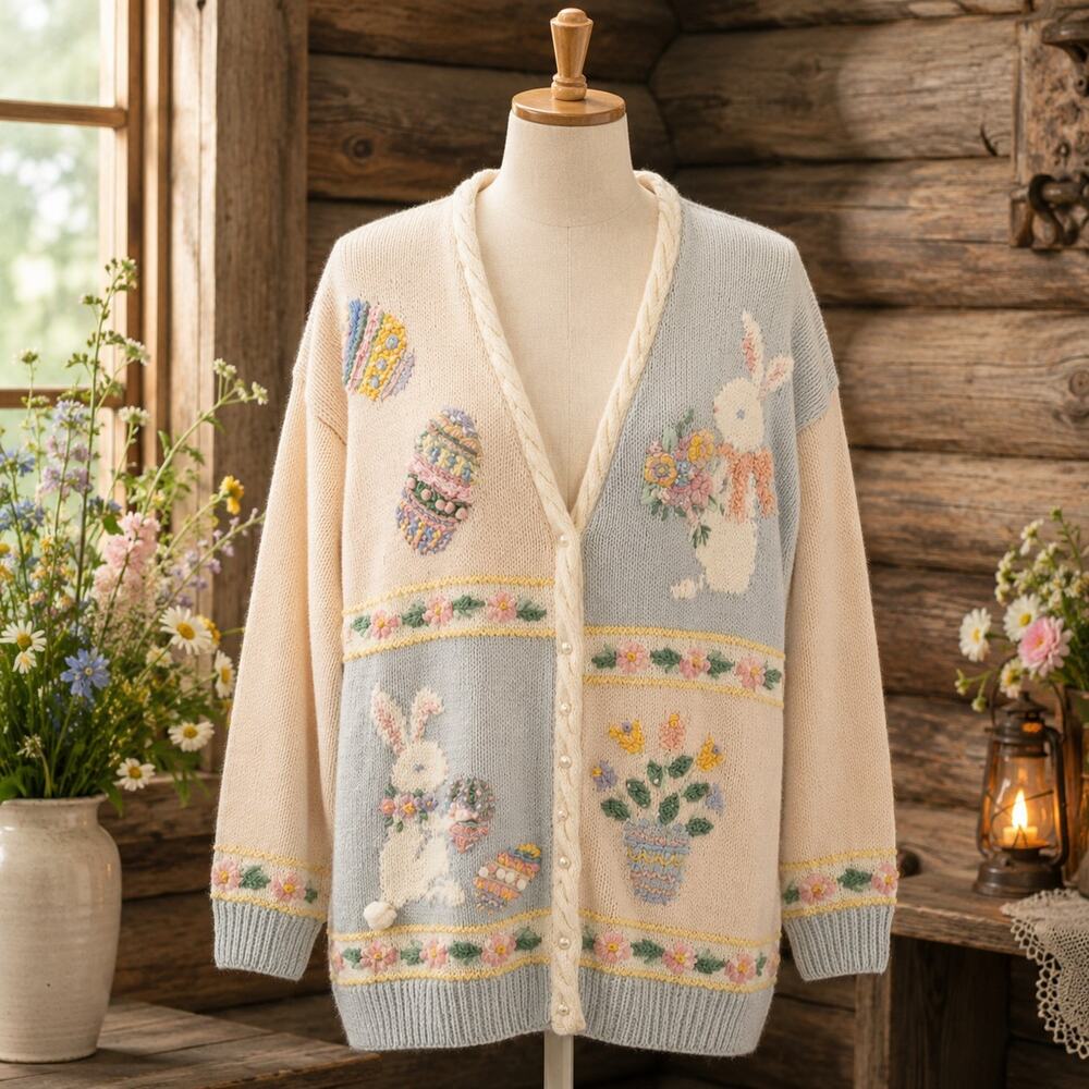 Vintage 90s Marisa Christina XL Sweater Hand Knit Cardigan Easter Bunny
